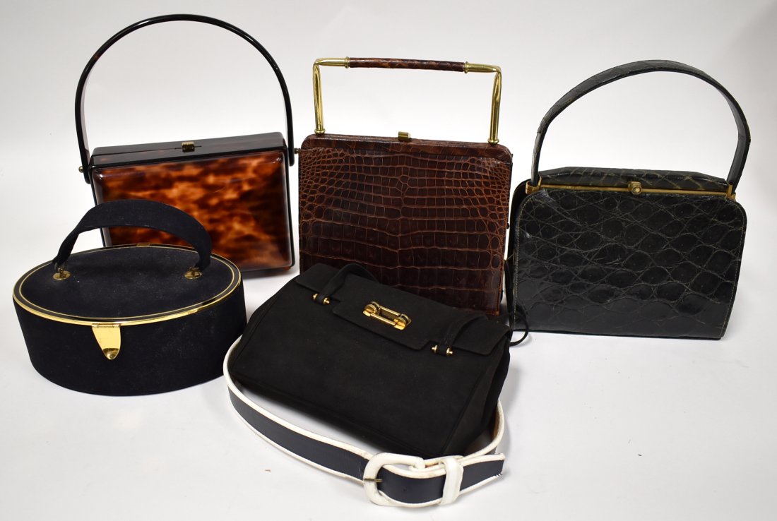 Dealer or Collector's Lot of Vintage Purses & a Belt (6): Included in the lot is a brown alligator handbag; a brown lucite purse; a black suede handbag and two others as well as a designer belt with marking but hard to discern. Six items in the lot. Six item