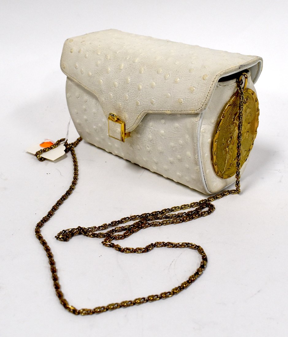 Supreme Alligator Shoulder Purse/Decorator Plaques: Unusual white alligator shoulder purse with leather interior, label for Supreme. Unusual large "Art Nouveau" gilded plaques at either end.