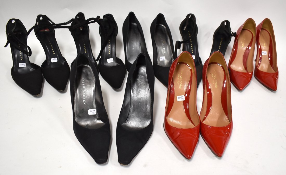 Dealer or Collector's Lot of High Heels -Name Brands 7 pr.: Ralph Lauren black satin (2 pr.); Richard Tyler black woven material with ankle straps (3 pr.); Sergio Rossi Italian red patent leather, 2 pr. Seven prs. in the lot.