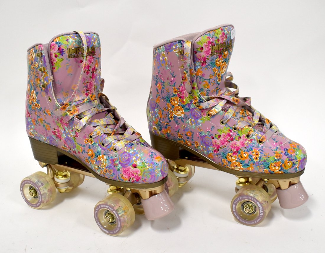 Pr. of Impala Floral Roller Skates: Floral bodies, floral laces and floral decorated wheels.