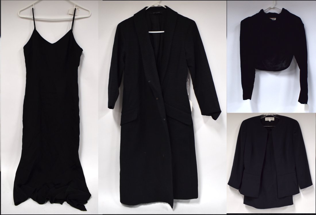 Collectors Lot of Vifntage Fashions Inc. Caroline Herrera (4): A Caroline Herrera 2 pc. silk suit, size 4, navy; a Marc Jacobs jacket, size 6; a Victor Costa black velvet jacket , about a size 6 and an Ozbeck silk evening dress, size 6. Four items in the lot.