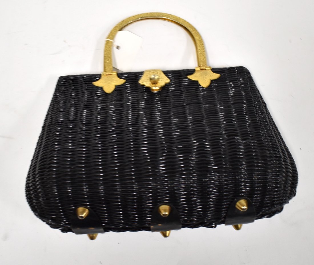 Unusual "Gilt" Mounted Wicker Purse: Black with ornate embellished gold "gilt" double handles and clasp.