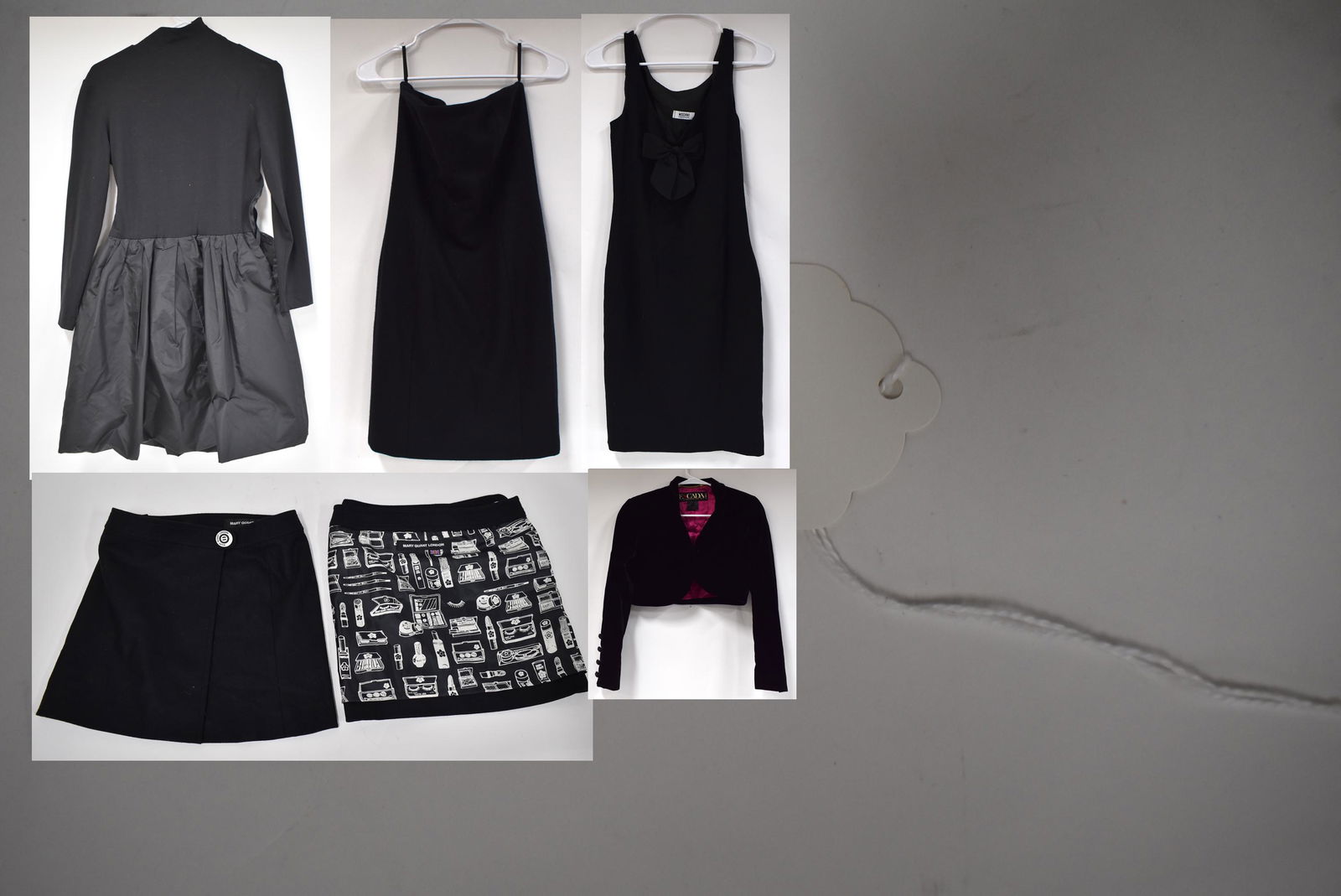 Collector or Dealer's Lot of Designer inc. Quant, Escada, Kors (7): Les Copains black jersey top and balloon bottom (satin) dress,Size 42/11;Mary Quant, London mini skirts (2) with label and a Mary Quant side button, . no size but small; Escada black velvet jacket wit