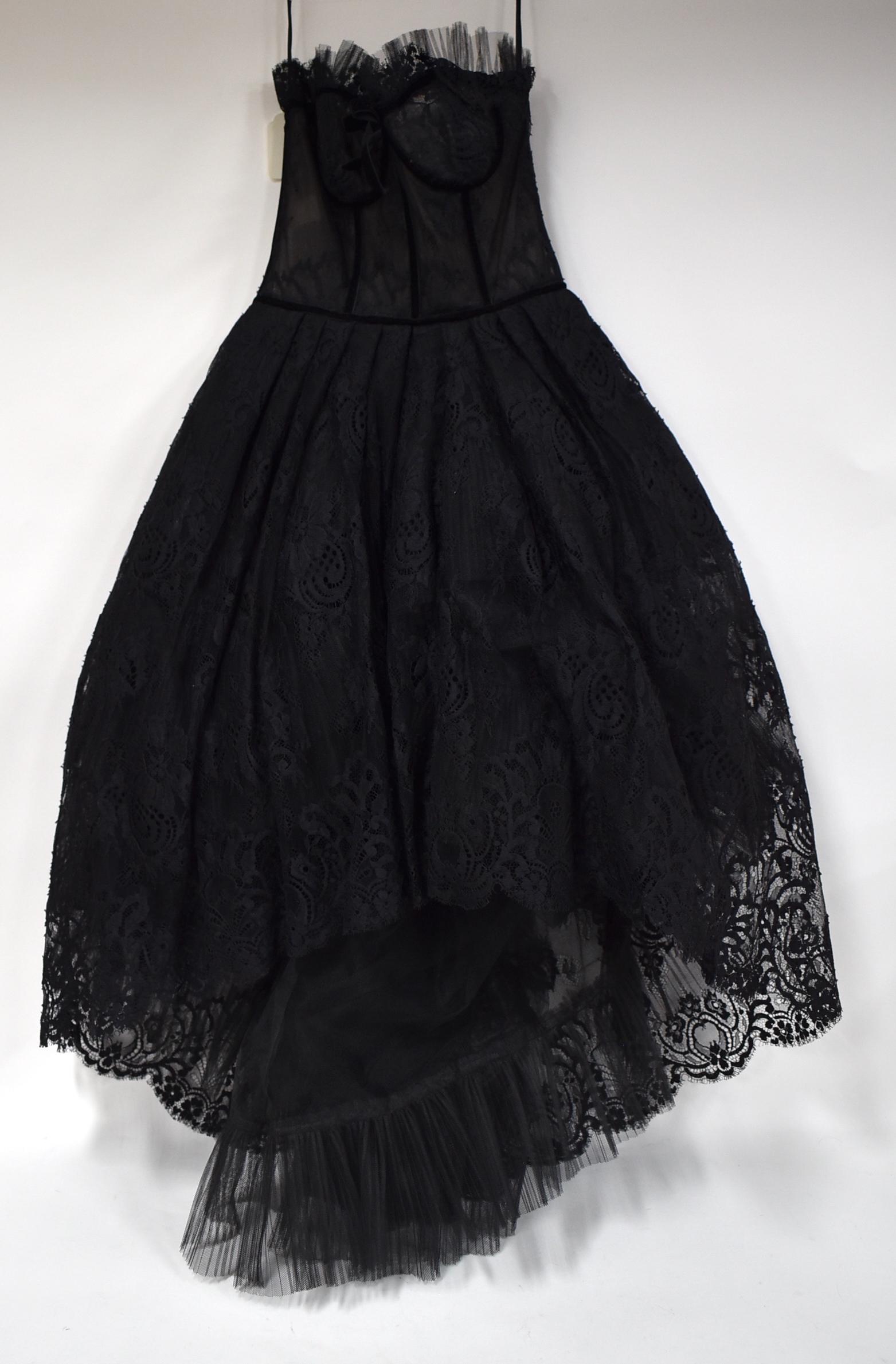 Victor Costa Evening Dress: Black Lace with pouf skirt and crinoline. Size 4. Strapless