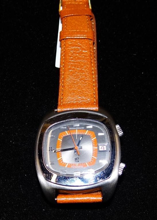 JAEGER LE COULTRE MAN'S WRISTWATCH: Memovox model with alarm and date, stainless steel water resistant case, automatic, orange chapter, leather band, 36mm