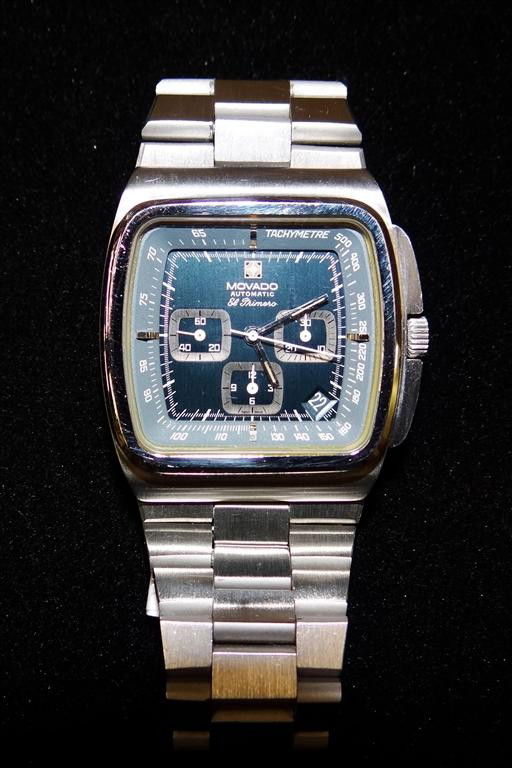 MOVADO MAN'S WRISTWATCH: El Primero model, so-called TV shape (square tonneau), automatic date chronograph with minute and hour registers in addition to constant seconds, blue dial, deep reflector with tachymeter scale, stain