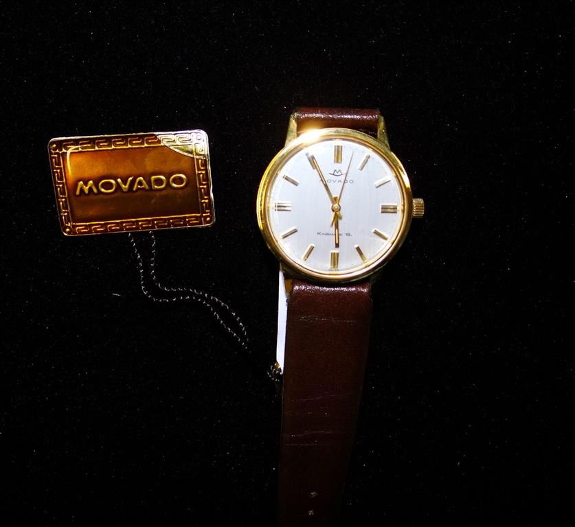 MOVADO AUTOMATIC MAN'S WRISTWATCH: Kingmatic S, gold or gold-filled top, leather band, 32mm