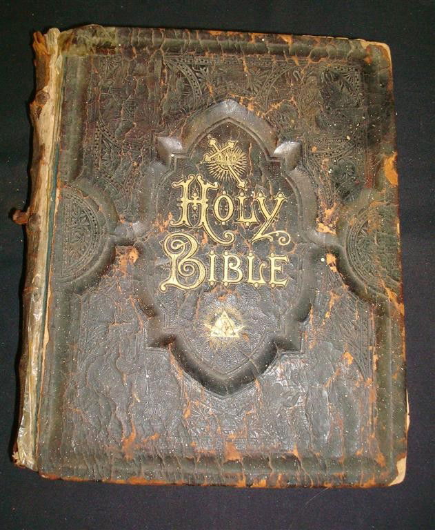 19TH C. HOLY BIBLE: A.J. Holman Holy Bible 1887. Old and New Testaments, beautiful engravings, heavily patterned leath binding. As is condition; 12.75in. H. x 10in. W. x 4in. D.