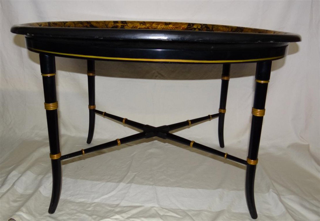 BUTLER'S TRAY TABLE ON STAND: Good quality hand decorated 19th C. toleware tray mounted on a "bamboo" simulated stand