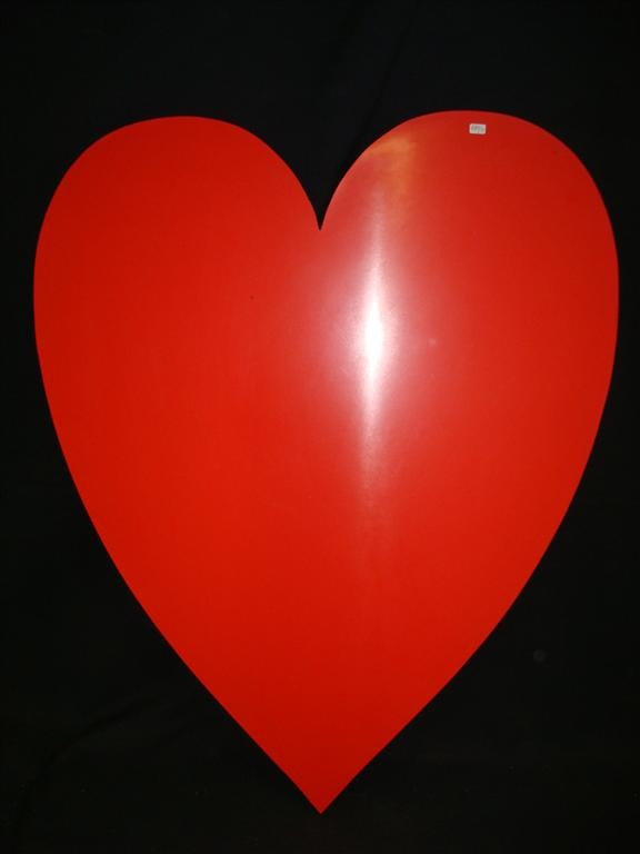 PLAYING CARD SUITE WALL DECORATIONS: A heart, a spade, a club and a diamond. Hardware on reverse for mounting. Formica on board. Can be backlit for visual emphasis. Red and black. All four approx. 30" high