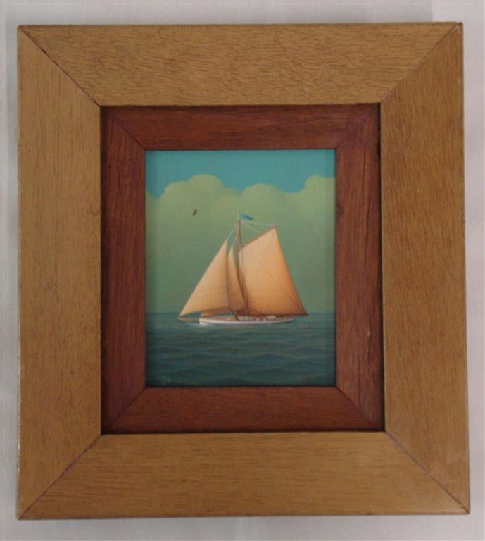 OIL ON WOOD PANEL, NEMETHY: Oil on wood panel, seascape with sail boat signed with monogram, lower left, GN (George Nemethy) 9" x 8-1/2" with frame