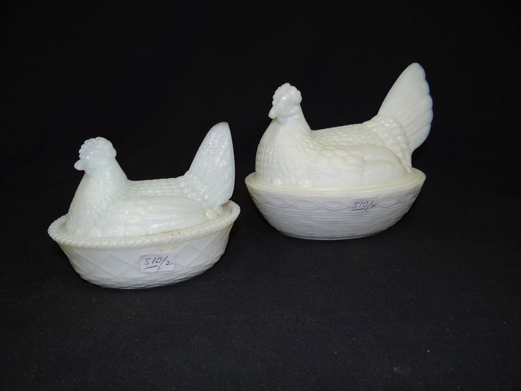 TWO MILK GLASS HENS ON NEST: 5"L AND 7"L