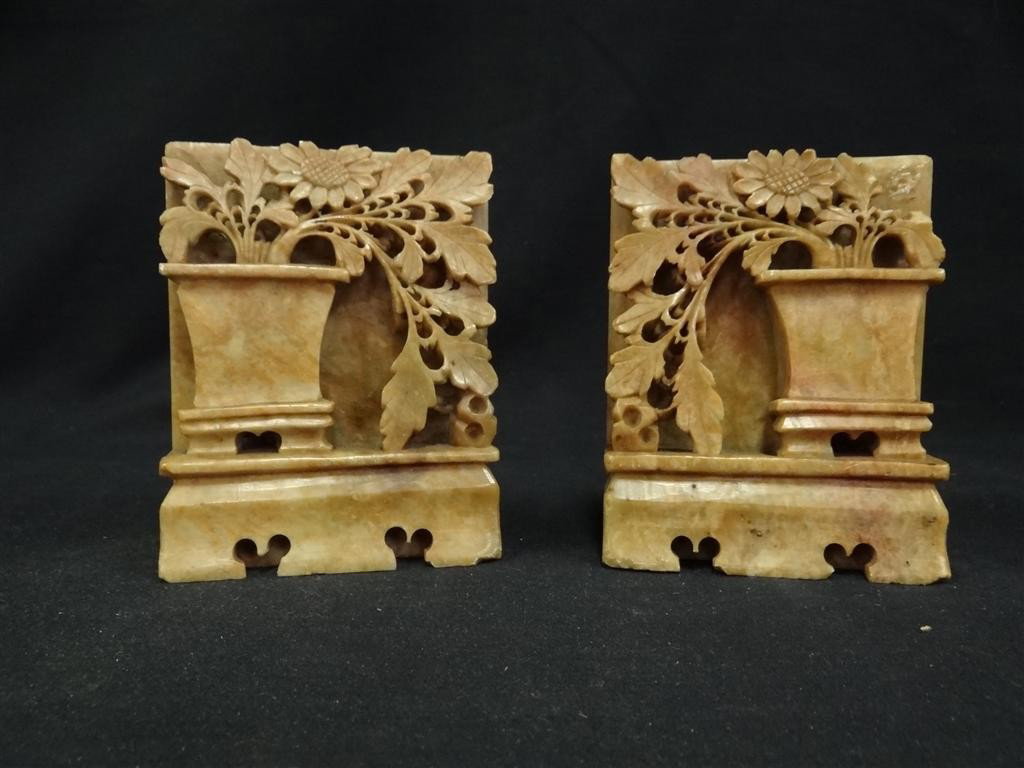PAIR OF SOAPSTONE BOOKENDS: High relief designs. 5:H.