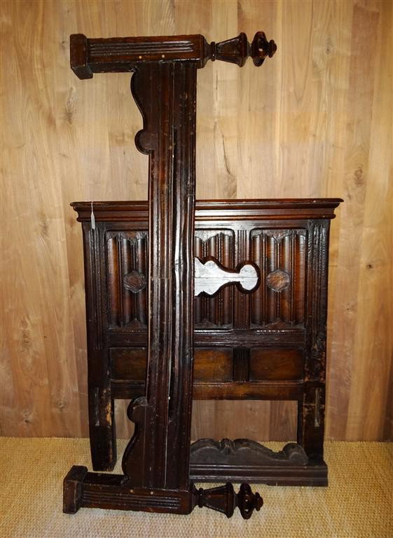 18TH C. SPANISH WOOD BED PIECES: Headboard & side rail. 49" high by 45" wide
