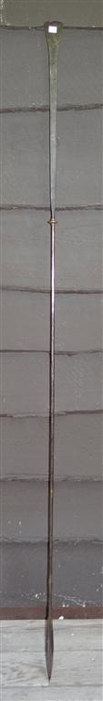 EARLY 19TH C. TAUREG LANCE / SPEAR: Brass inlaid numbers to identify the clan in society. Flattened edge at the back was used as a camel prod. Lightly engraved. 80" long