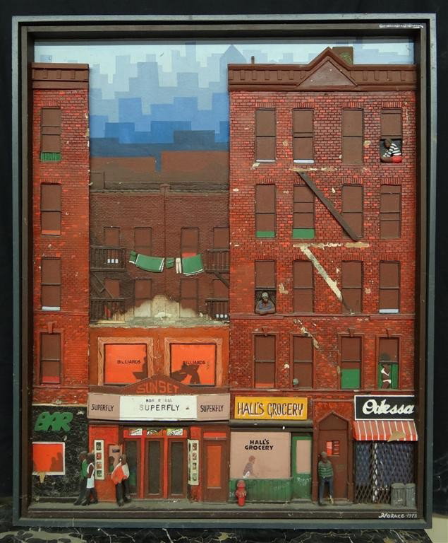HORACE; HANDMADE DIARAMA "HARLEM TENAMENTS" SIGNE: Hand painted diarama "Harlem Tenaments" signed l.r. and dated 1978; 46.25in. X 38in.