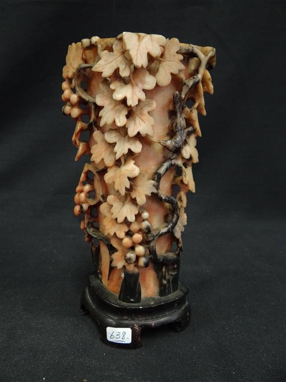 CARVED SOAPSTONE VASE: Vines and berries "growing" up from the base 7 1/4"H.