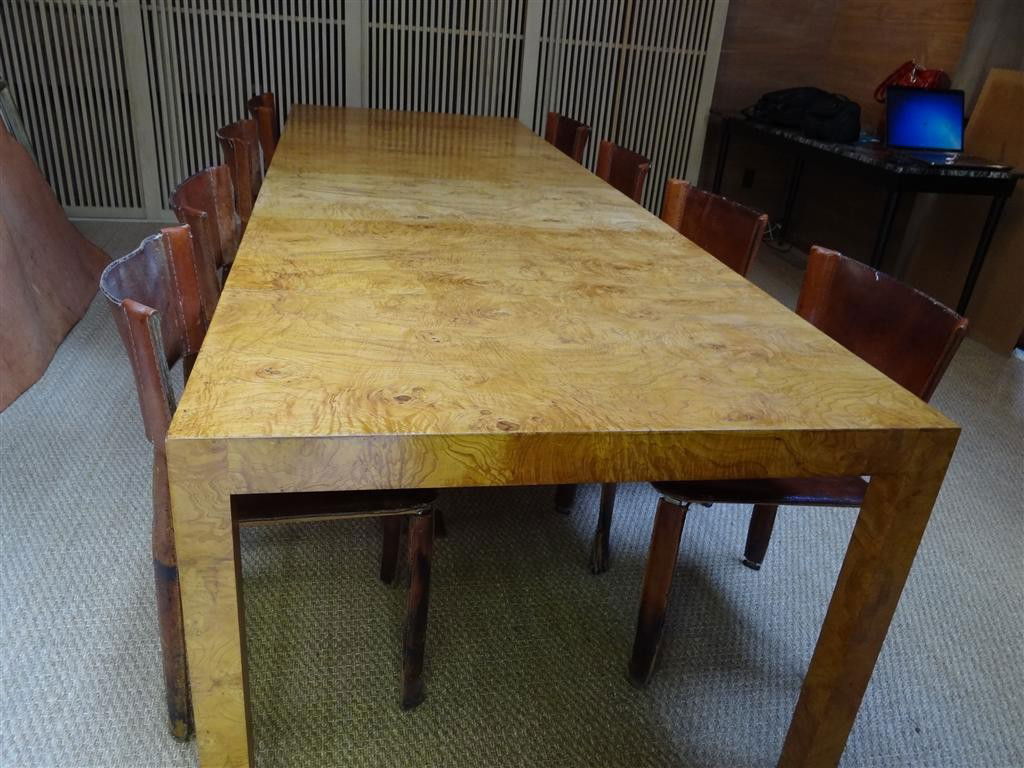 "PACE COLLECTION" OLIVE VENEERED DINING TABLE: Large "Pace Collection" olive veneered dining table with sections. 120" fully extended (four sections at 20" each) x 40 " x 28" high