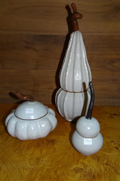 THREE WHITE CERAMIC GOURDS BY GREG KUHARIC: Artist signed and dated. 7"; 9"; and 17-1/4" high