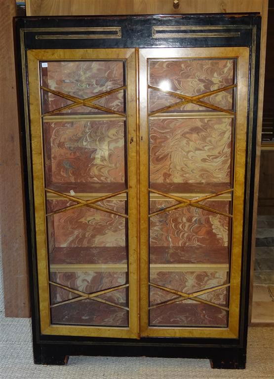 BIEDERMEIER MAPLE & EBONY COLORED BOOK CABINET: Leather and gilt designs. 59" high x 37" wide