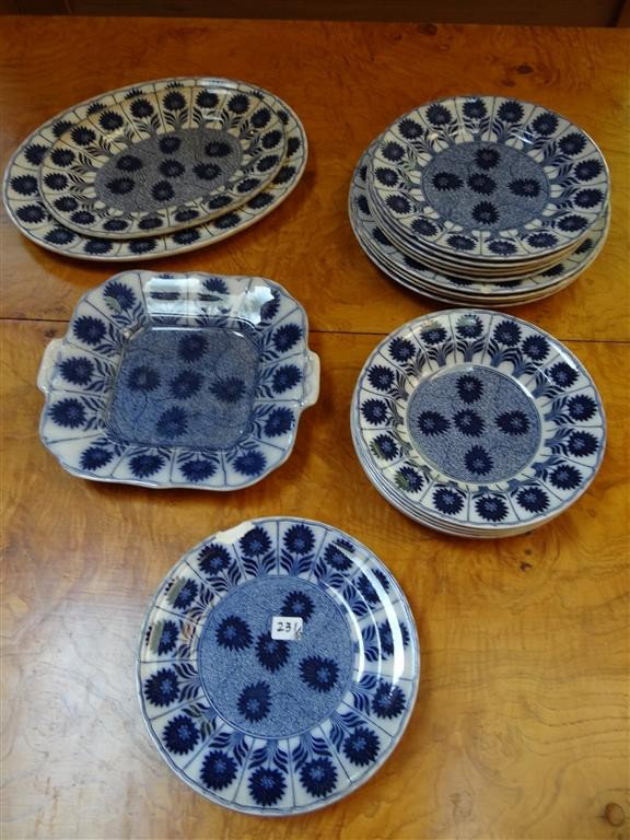 LOT OF RARE MINTON CHINA, CHRYSANTHEMUM PATTERN: Blue and white chrysanthemum pattern. Lot consists of 4 dinner plates, five salad plates, 4 dessert plates (one as is), five soup bowls, two platters, a handled cookie plate. a gravy boat & 2 demitass