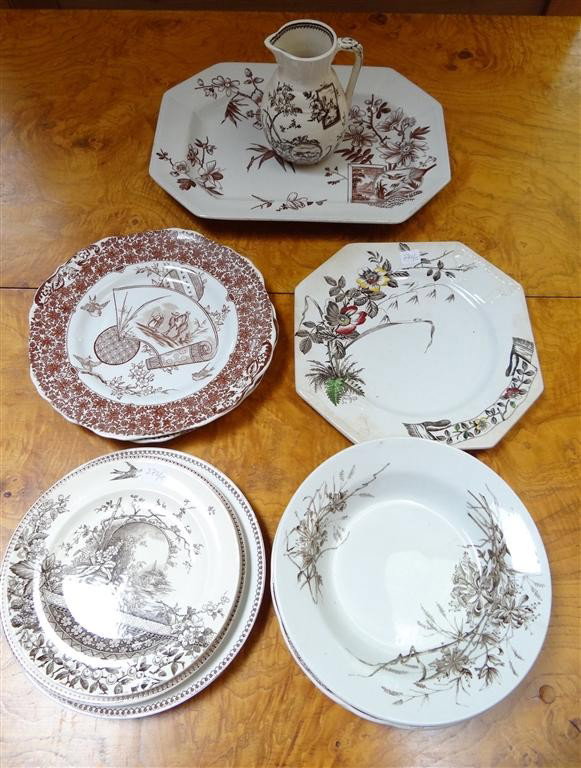 LOT OF MISC ENGLISH IRONSTONE TRANSFERWARE: To include plates, platter, bowls, and a pitcher. Marks include Copeland, Umbria, Kenilworth, Ridgway, Hill and others. 15 pieces to the lot. 7-1/2" to 14" wide.