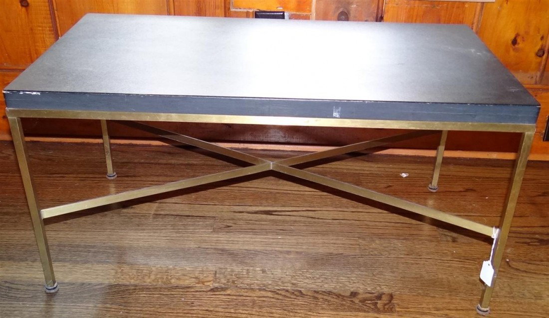 PAUL McCOBB "CALVIN" LINE FORMICA TABLE: Diminuative Paul McCobb "Calvin" line table with black formica top. Brass legs.. 15" high
