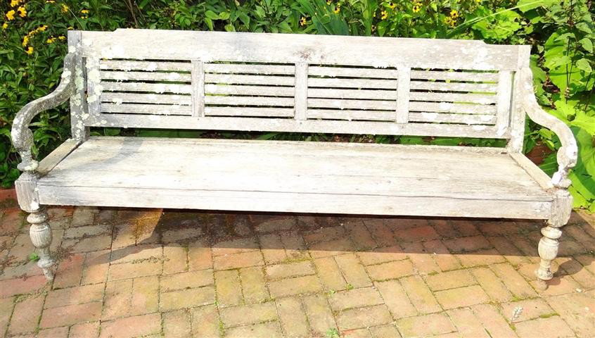INDONESIAN OUTDOOR WOODEN GARDEN SETTEE: Weathered. 32" high x 72-1/2" long