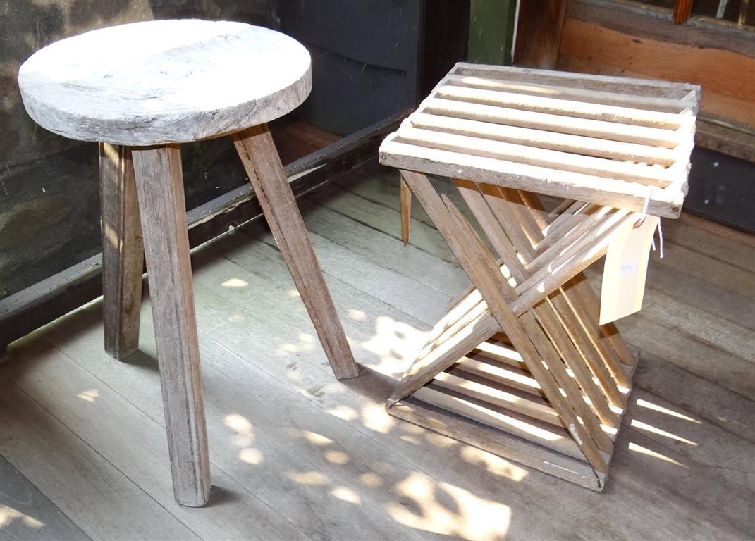 TWO WOODEN STOOLS: 17" high and 10" high