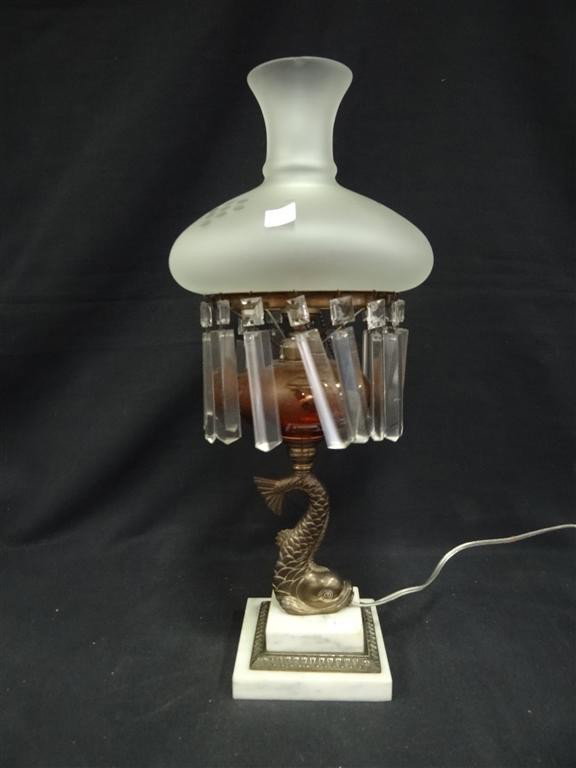 PAIRPOINT BANQUET LAMP: Frosted glass shade. Cut glass prisms. Figural marble and brass dolphin base with a colored glass font. 18:H. 6"shade.