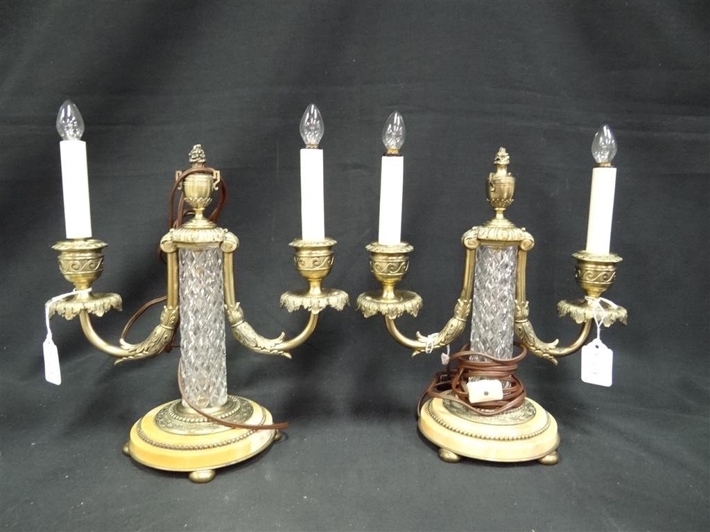 PAIR OF PAIRPOINT CANDLE LAMPS: Pair of Pairpoint glass, brass & marble, double arm candle lamps signed Pairpoint C6176.