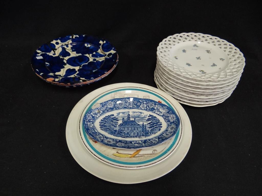 MISC LOT OF 15 PIECES OF CHINA: To include 8 reticulated plates, 3 hand painted, a blue & white oval dish, etc.. Some as is.