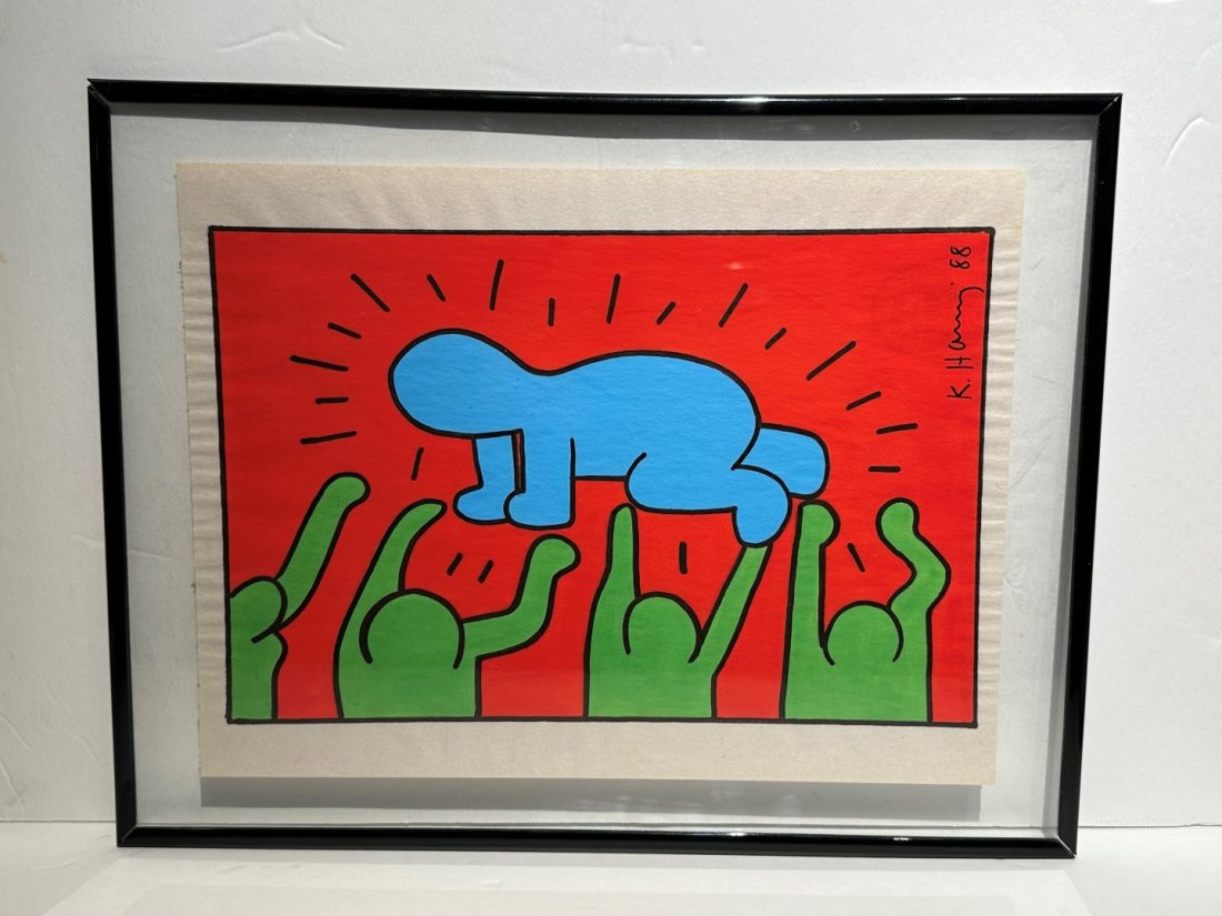 Keith Haring(after); 20thC. Felt -Tip Drawing: Felt-tip drawing on paper. Untitled. 1988. After Keith Haring. Bears signature and dated. ; 6.5in. x 10in.(image), 10in. x 13.25in.(framed)