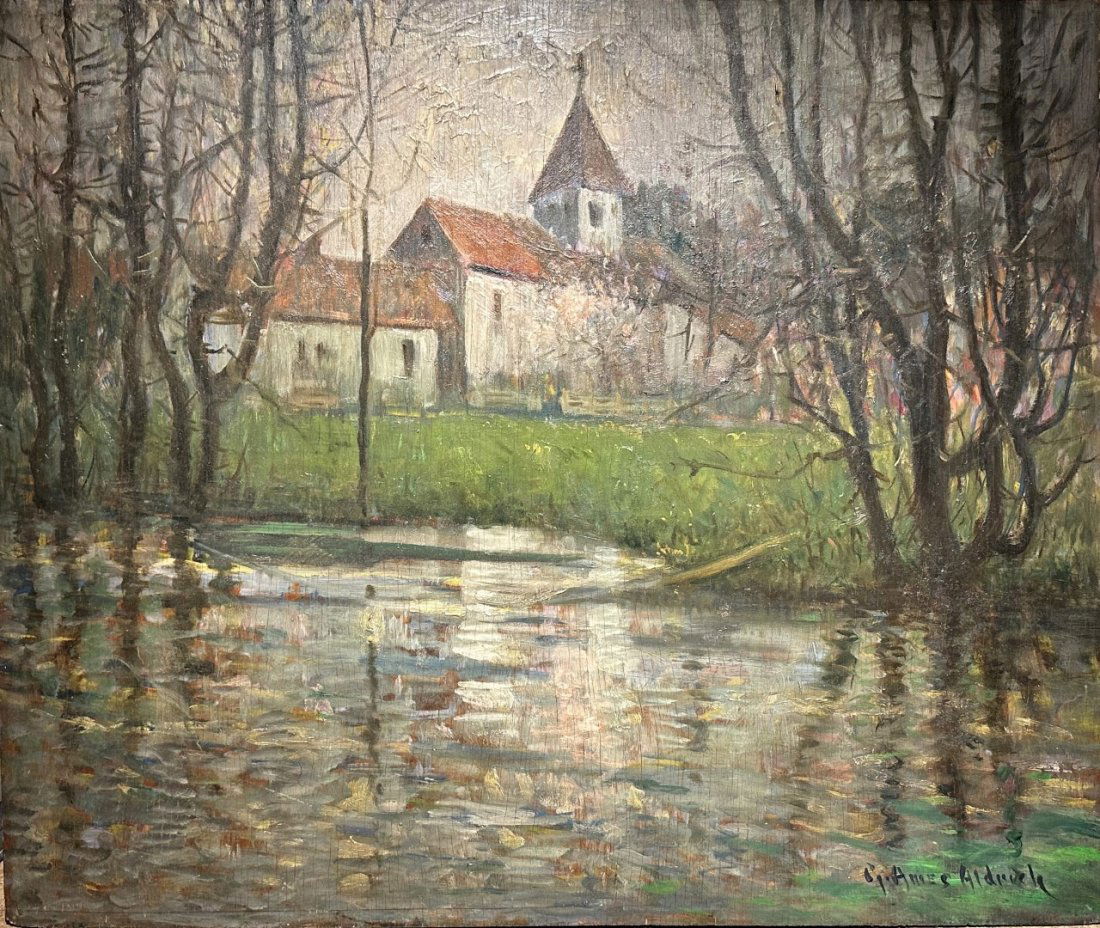 George Ames Aldrich; Oil Church in Normandy Signed: George Ames Aldrich(1872-1941) oil on panel. Church in Normandy. Signed lower right. Inscribed with title on reverse; 25in. x 30in.(image)