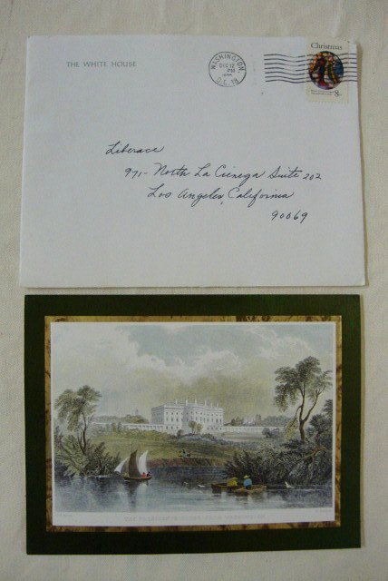 LIBERACE 1972 WHITE HOUSE CARD FROM NIXON: White House Christmas Card for 1972. From The President and Mrs. Nixon. Described on the back, "A Romantic View of The White House" by W. H. Bartlett. In original White House envelope.