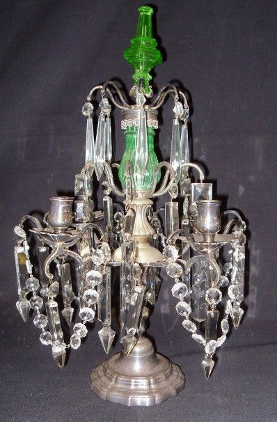FRENCH SILVER PLATE & CRYSTAL CANDELABRA: Liberace's French three tier, four branch silverplate candleabra with green glass central stem and finial. With 8 sided clear crystal dangling beads and prism drops. Finial has been reglued. Marked FR