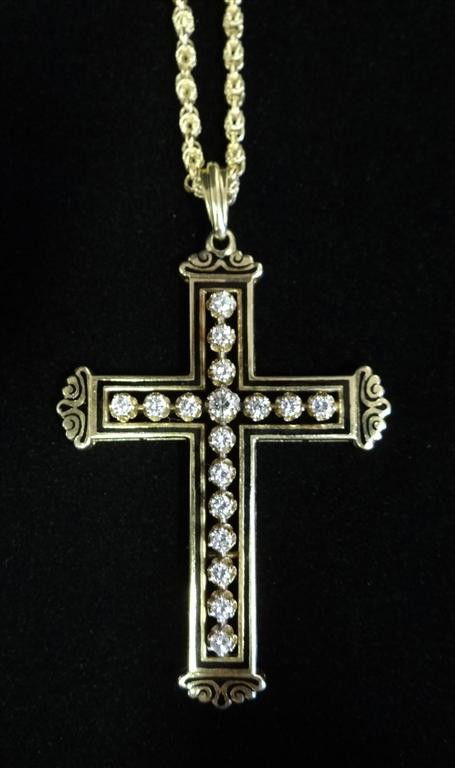 14K GOLD AND DIAMOND CROSS WITH 14K CHAIN: 14K yellow gold and enameled cross with diamonds. Seventeen exceptional diamonds are approximatly 2 carats. Total weight 1.8 oz 48.0 grams On a 14K open link chain.