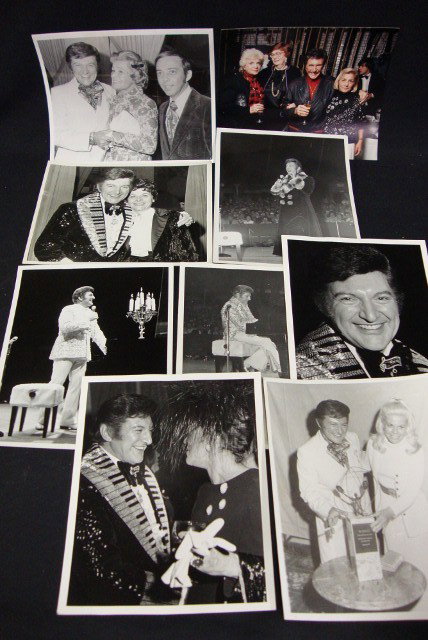 LIBERACE PHOTOGRAPHS - VARIOUS PHOTOGRAPHERS (10): Three photographs with a backstamp for Michael Kurtz, Northhaven, Conn.; two photos with a backstamp for Leon Serchuk, NY; three with a backstamp for Jules Davis; one by Paul Schumach; and one by Davi