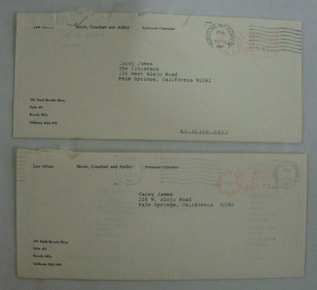 TWO LETTERS TO CARY JAMES: Both letters concerning the aftermath following Liberace's death. Dated Feb.10 and Feb.12, 1987 the letters are from the Law offices of Strote, Graubart and Ashley.