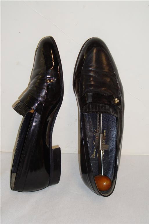 LIBERACE'S ANTONIO DA PECARA LOAFERS: Creazion GiGi made per Antonio da Pescara. Black patent leather and leather loafers size 10 1/2 M