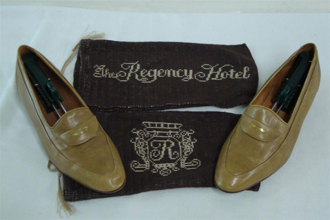 LIBERACE'S PIERRE CARDIN LOAFERS: Light brown 10 1/2M. Gold colored plate at front marked Pierre Cardin in Regency Hotel shoe bags