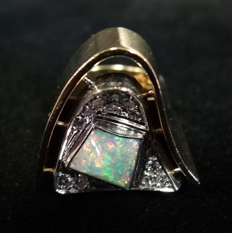 14K GOLD DIAMOND AND OPAL PIANO RING: Custom made for Liberace. Performance worn. Free form piano with diamond surround and opal.
