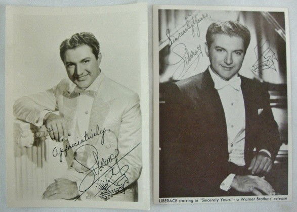 SIGNED LIBERACE PORTRAIT: Signed Appreciatively, Liberace with his flourishing artistic signature and piano, candelabra drawing. The lot also includes a Warner Bros.postcard promotioin for the movie Sincerely Yours. 5" x 7"