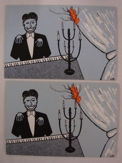 TWO KEEP ON SMILING LIBERACE CARDS: Silk screened by Cato Cards #2525 Signed Cato lower right. Depicts a smiling, playing Liberace as the curtains catch fire from the candelabra. Inside reads. Keep on Smiling. One envelope included
