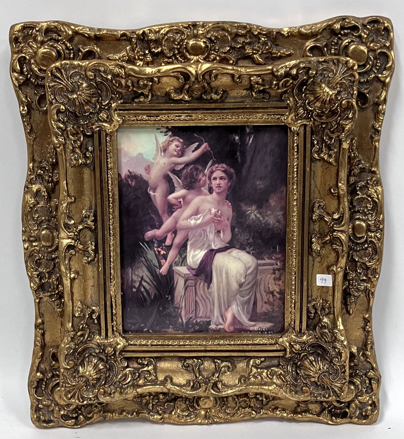 Porcelain Plaque. Gilt Frame: In the manner of KPM. Plaque is 9 1/4"H. x 7 1/4"W. Overall size with frame is 17 3/4"H. x 15 3/4"W.