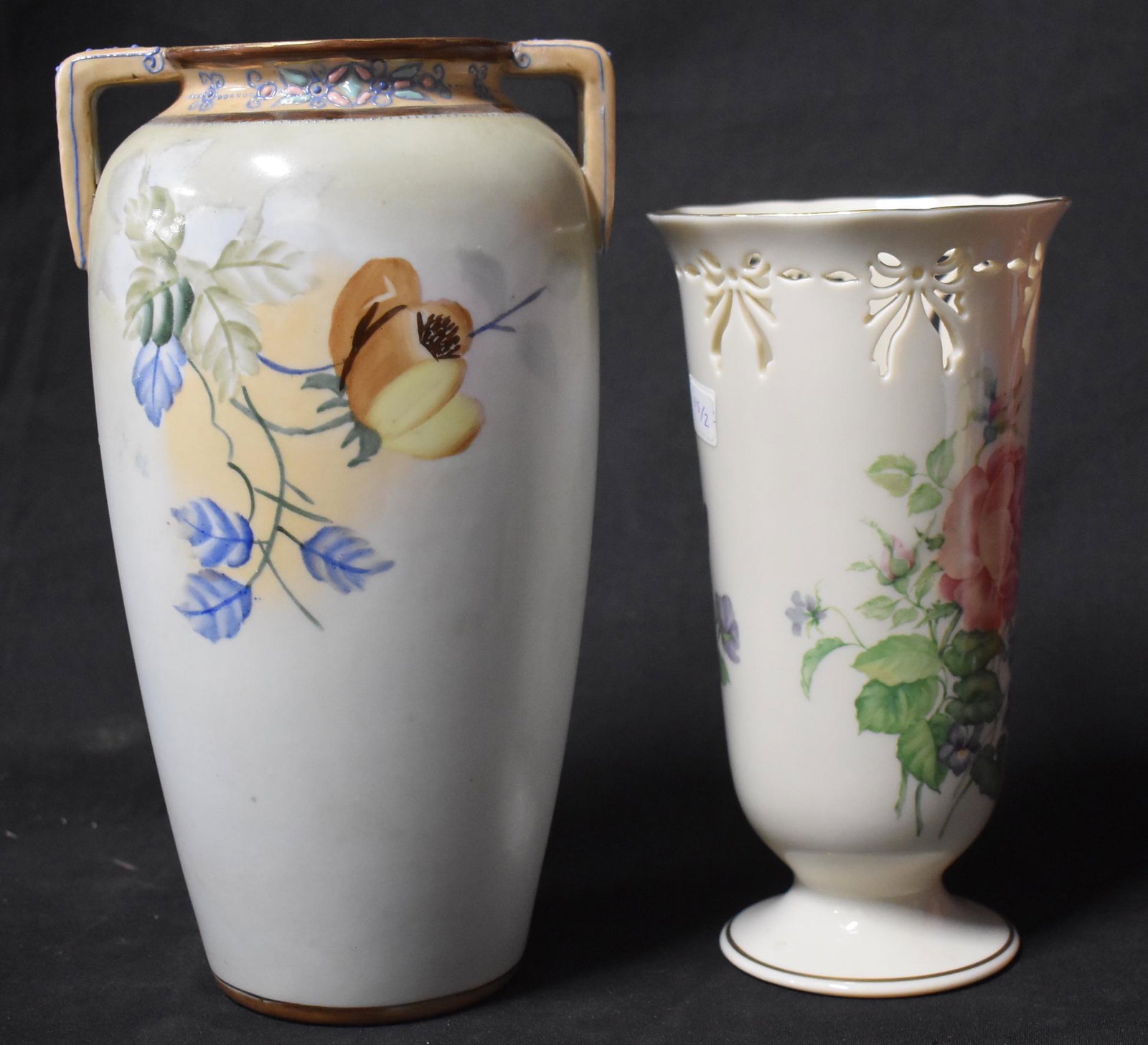Antique Nippon and Lenox Vases (2): Lenox sgd at the underside (8.5"H); and Nippon hand-painted but unsigned (10.25"H).