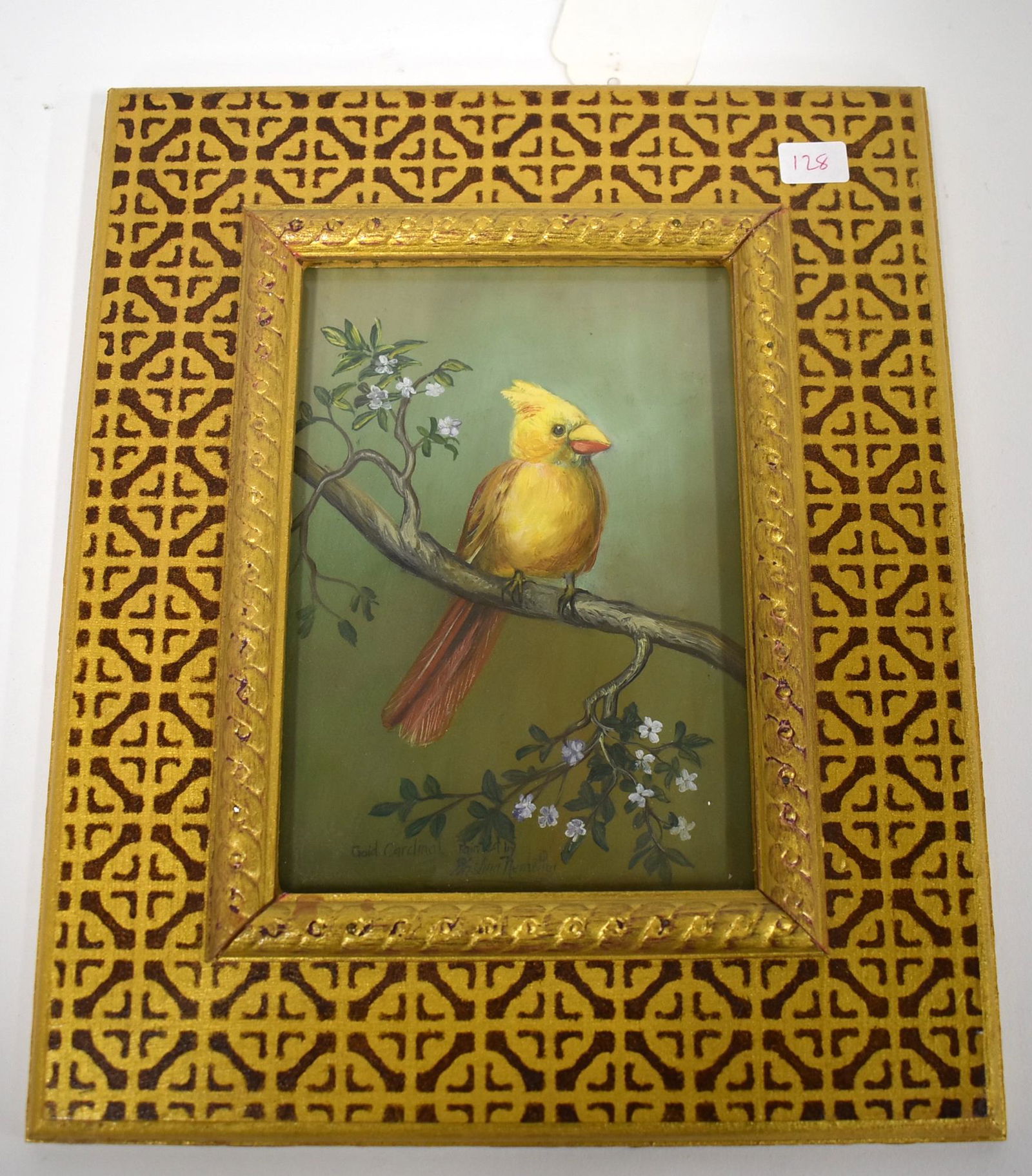 Kristina Nemethy Gold Cardinal Painting Sgd.: Signed at the bottom by Kristina Nemethy. Stamp at the back for Nemethy Studio. 6.5"x 4.5" (art), 11.25"x 9.25" (frame).