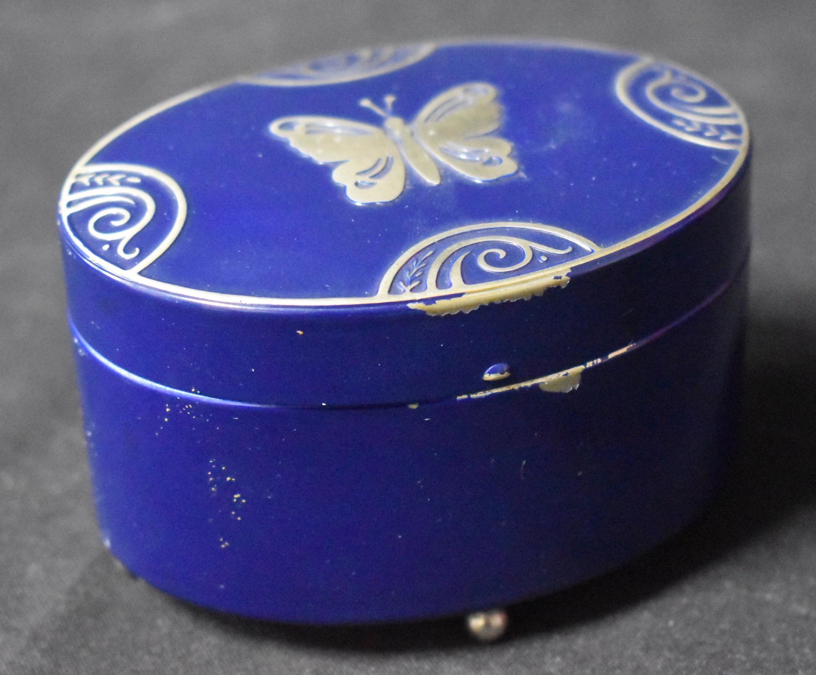 Lucretia Vanderbilt Silver Mtd. Box: Oval, enameled , with silver butterfly and decorative mounts. Footed. 3 3/4" x 2 1/4"H