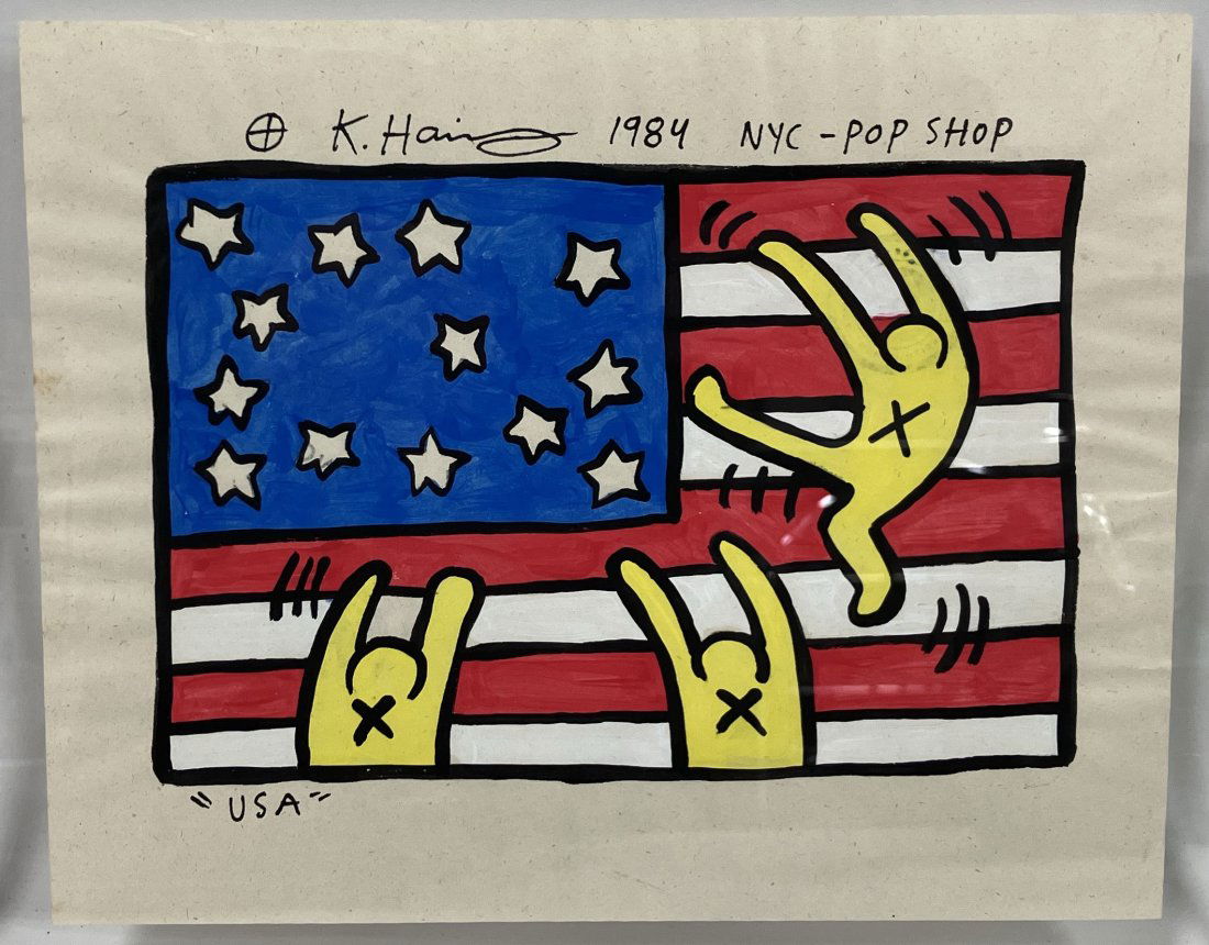 Keith Haring(after); 20thC. Felt -Tip Drawing: Felt-tip drawing on paper. USA. 1984. After Keith Haring. Bears signature and artist's device and dated '86. Inscribed NYC - Pop Shop; 5.5in. X 8in.(image), 10in. X 13.25in.(framed) Good condition