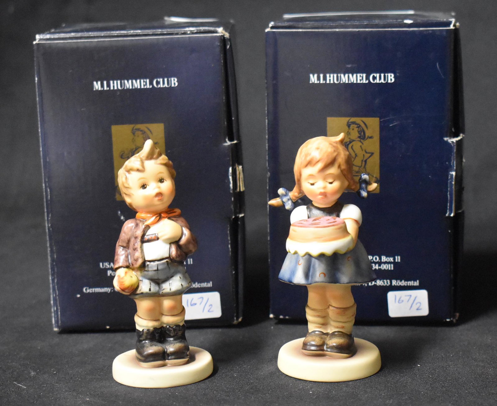 M.I. Hummel Club Figures (2): "Sweet as Can Be" (4"); and "Cheeky Fellow" (4"). 1990s. In original boxes.